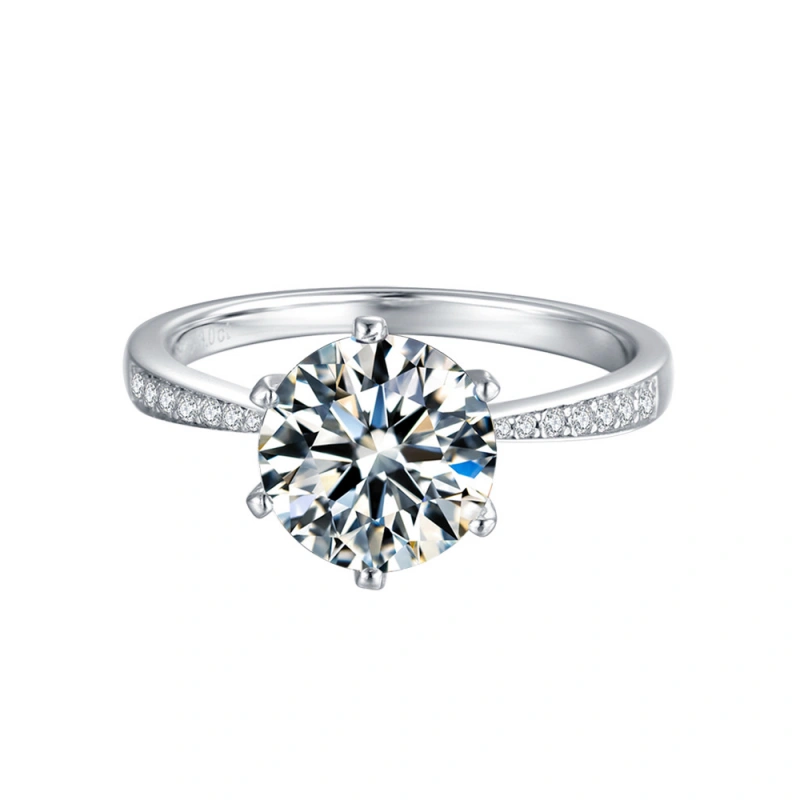 3 carat platinum-tone round moissanite ring with diamond accents and 6-prong setting by Mireli Jewelry – elegant engagement ring for women.