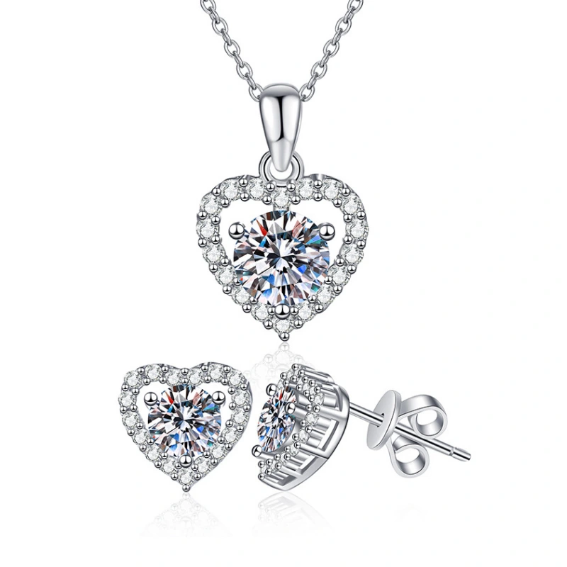 Heart Shape Moissanite Pendant Necklace and Stud Earrings Set for Women 925 Sterling Silver Gift | Mireli Jewelry