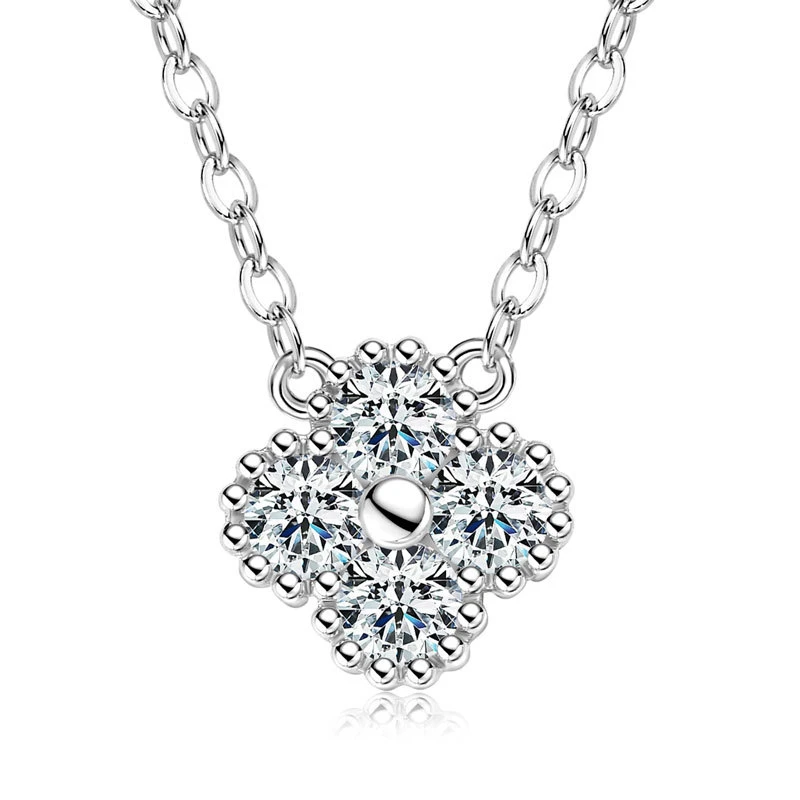 Elegant white moissanite four-leaf clover pendant necklace in S925 sterling silver by Mireli Jewelry.