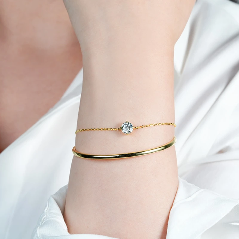 Luxury Moissanite bangle bracelet for women in 18K yellow gold plated S925 silver, fine stackable jewelry, elegant gift by Mireli Jewelry.