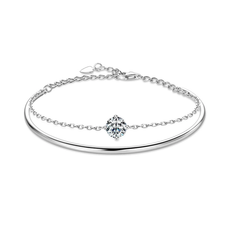 Elegant minimalist Moissanite bangle bracelet in 18K white gold-plated S925 sterling silver, perfect for stacking and gifting.