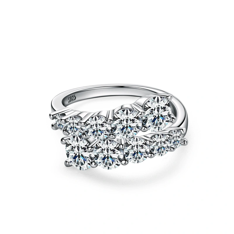 White moissanite twist ring with double row pavé band in S925 sterling silver by Mireli Jewelry