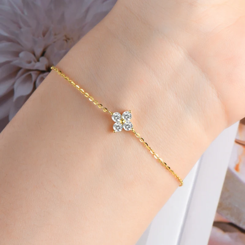 Timeless Moissanite Clover Bracelet in 18K Gold Plated Silver by Mireli Jewelry – Elegant Gift for Women