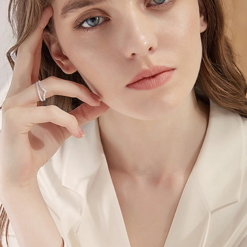 Sleek V-shaped moissanite ring in 18K gold plated S925 sterling silver, perfect for women, from Mireli Jewelry.