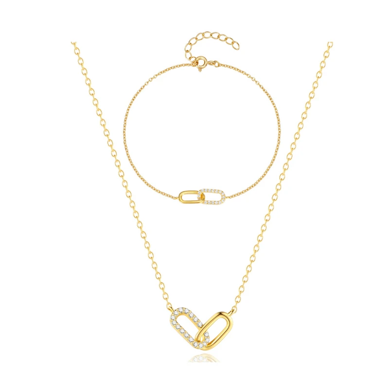 925 Sterling Silver Gold-Plated Interlocking Link Necklace and Bracelet Set with CZ Accents – Mireli Jewelry Gift for Stylish Women
