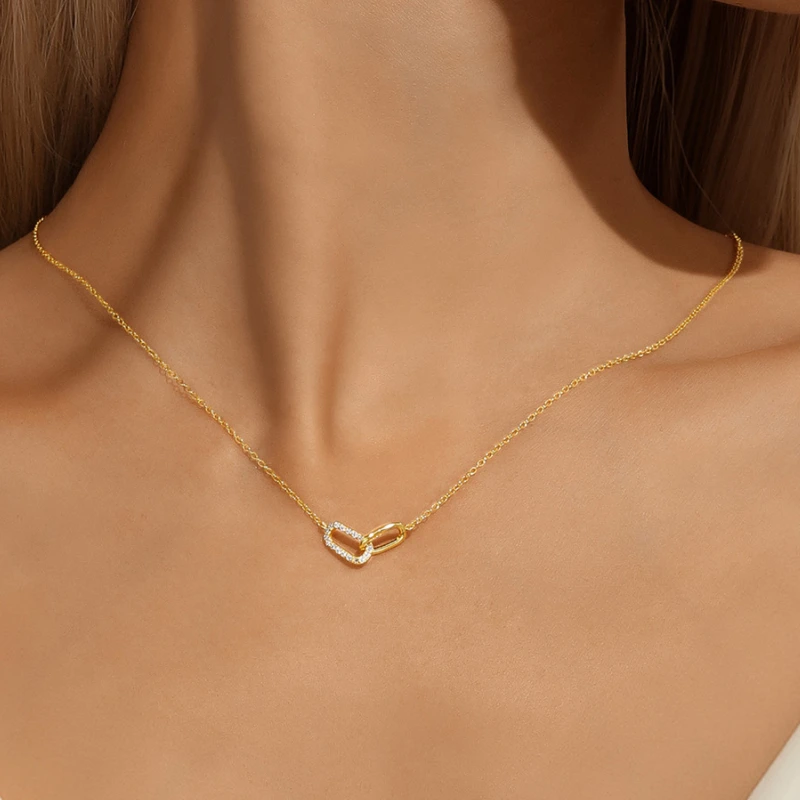 Modern Interlocking Link Necklace and Bracelet Set in Gold-Plated Sterling Silver with CZ Details – Mireli Jewelry Gift for Women