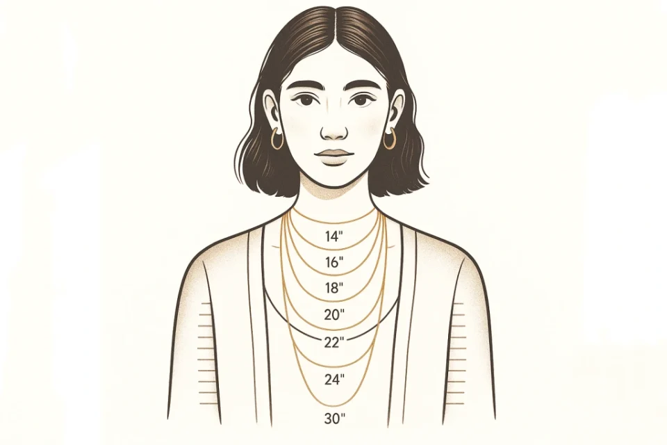 Necklace size guide illustration showing different chain lengths on a woman – Mireli Jewelry