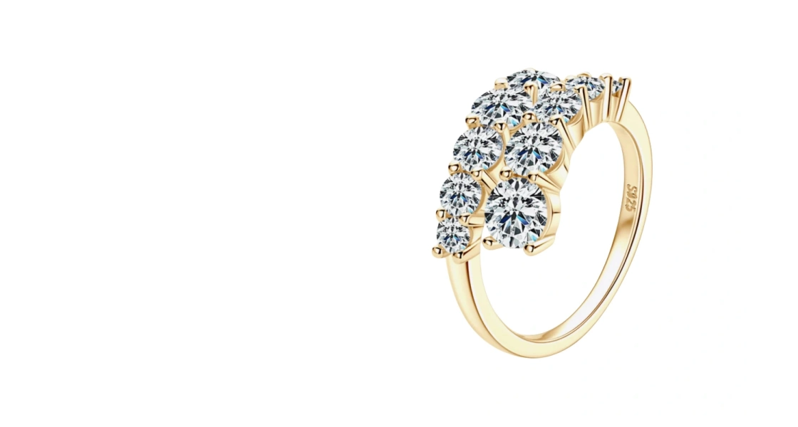 Twist Design Moissanite Cluster Ring – Yellow S925 Silver Double Row Band, elegant women's jewelry gift, available in UK, USA, Canada, Australia, Germany, France, Japan, Korea, New Zealand.