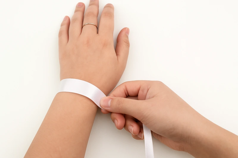 Woman measuring wrist with ribbon for accurate bracelet size – Mireli Jewelry
